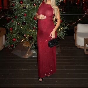Sleeveless Sparkle Maternity Evening Dress - Red